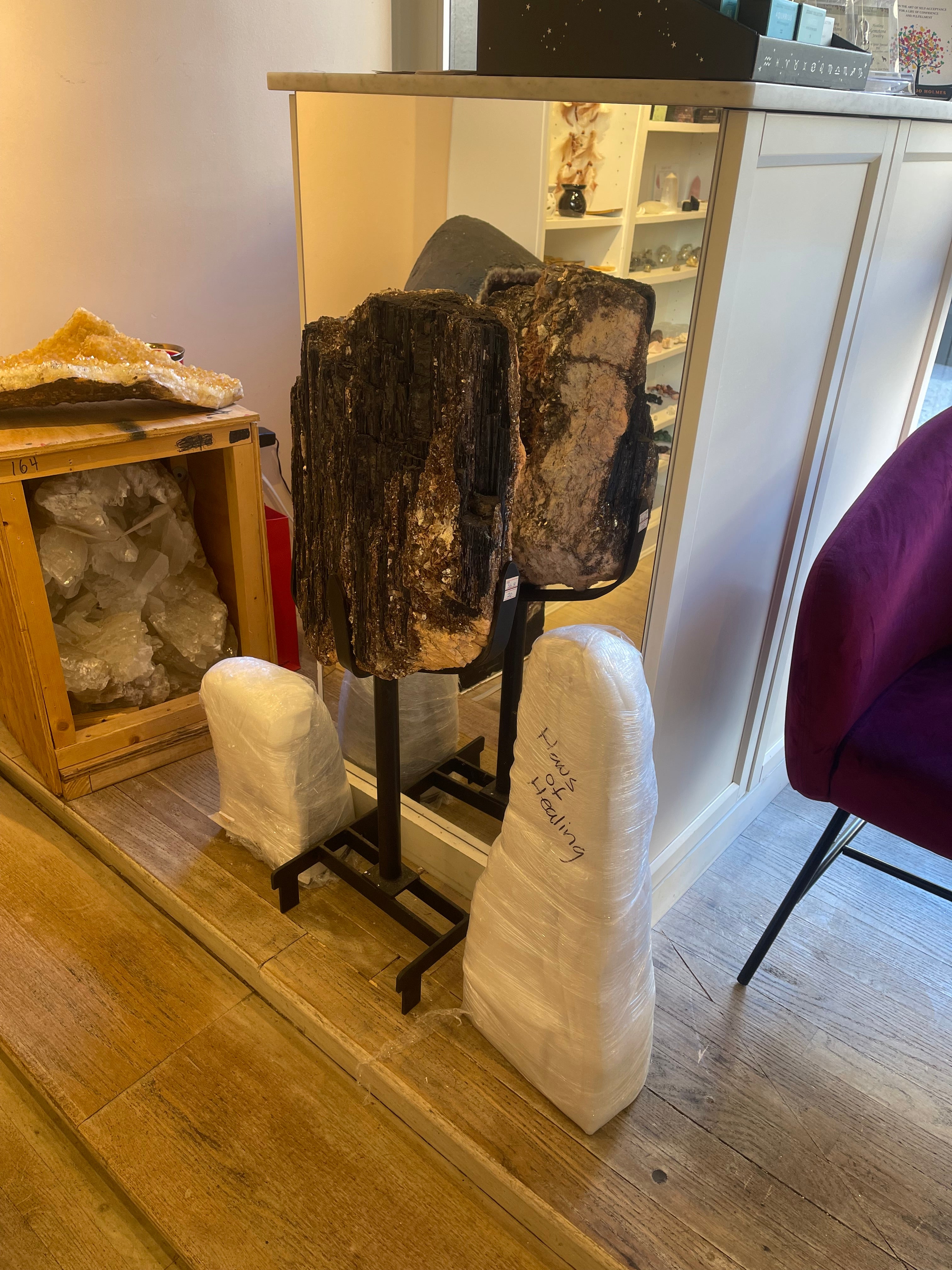 🖤 Black Tourmaline with Gold Mica & Feldspar – The Guardian Pillar