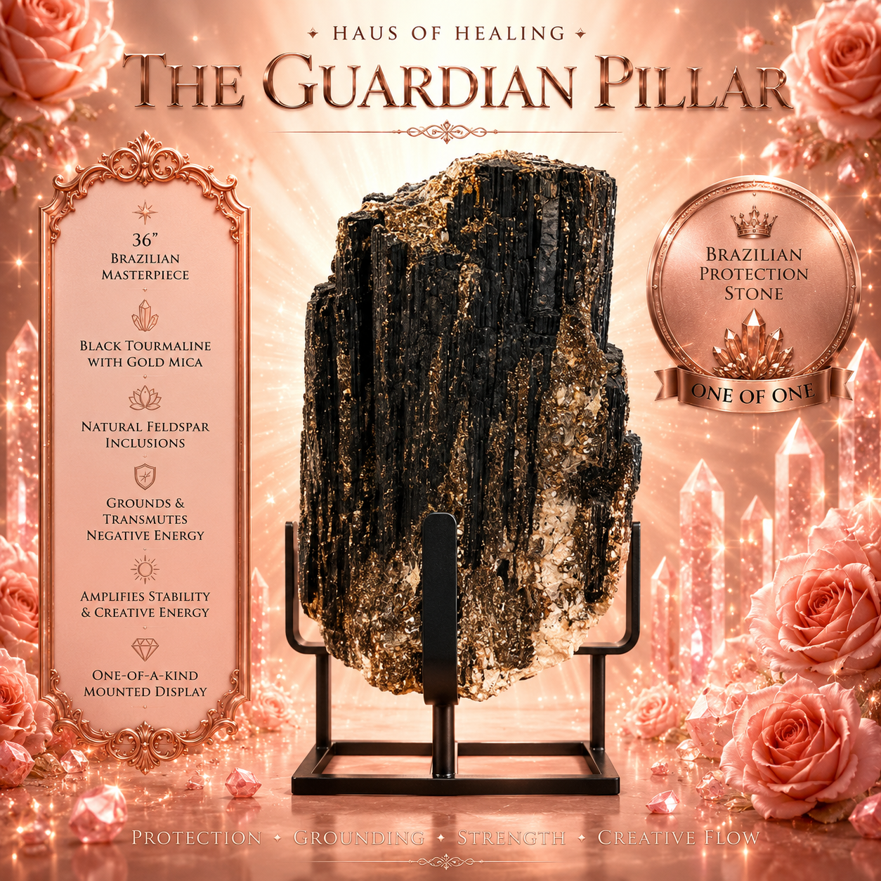 🖤 Black Tourmaline with Gold Mica & Feldspar – The Guardian Pillar