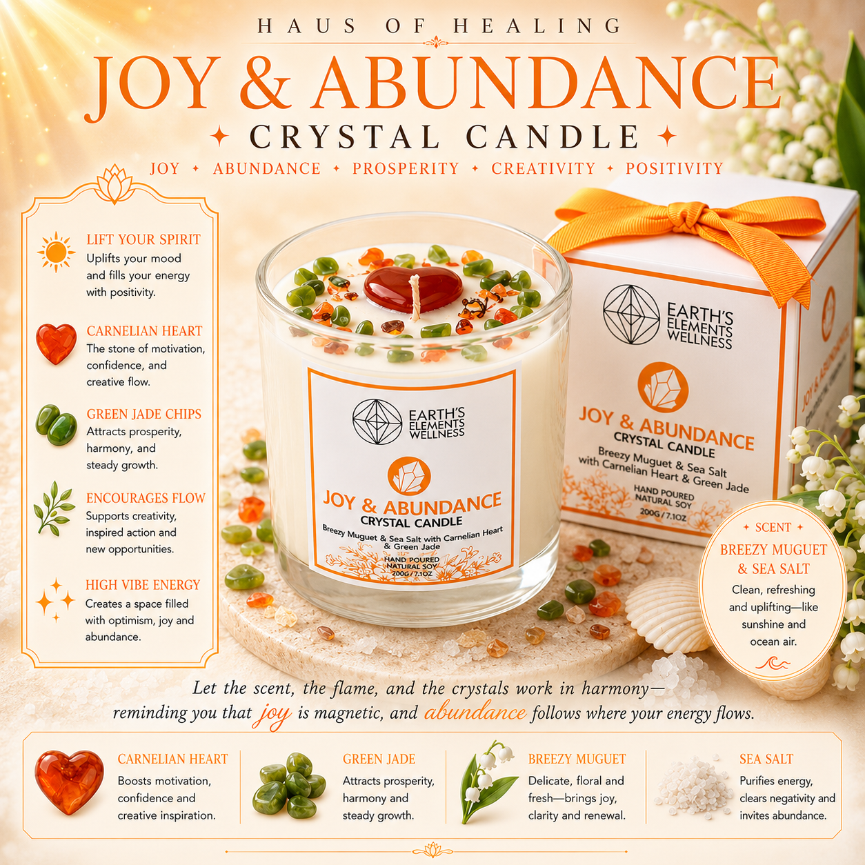 Joy & Abundance Crystal Candle 🧡✨