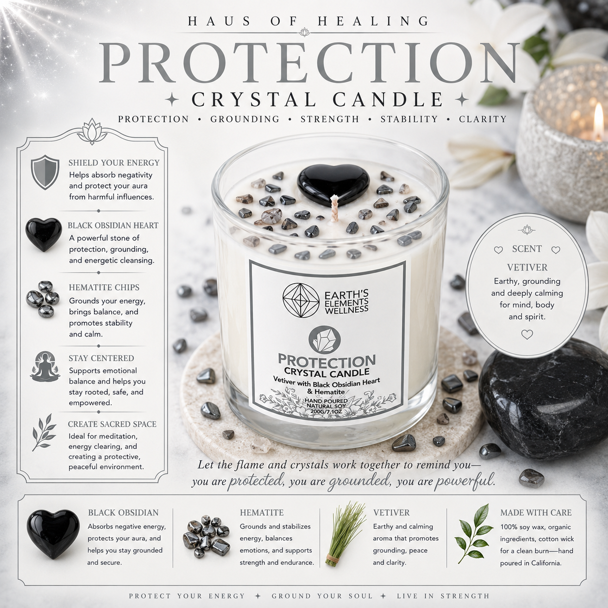 Protection Crystal Candle 🖤🩶