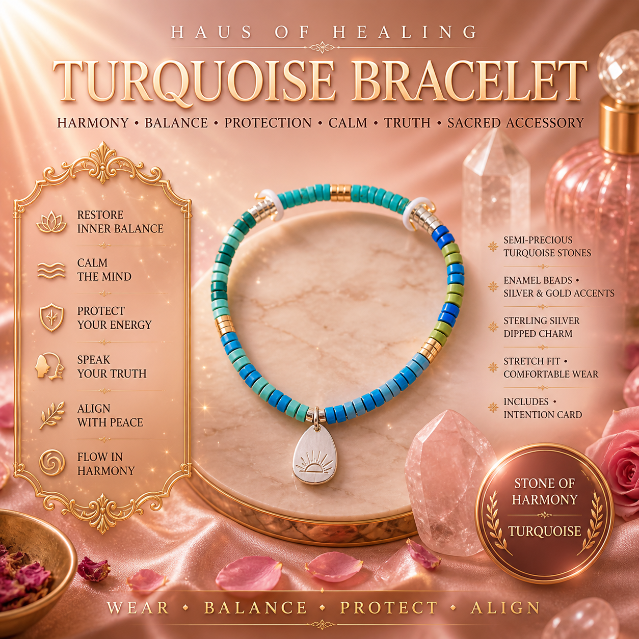 Intention Charm Bracelet - Turquoise/Silver/Gold - Stone of Harmony