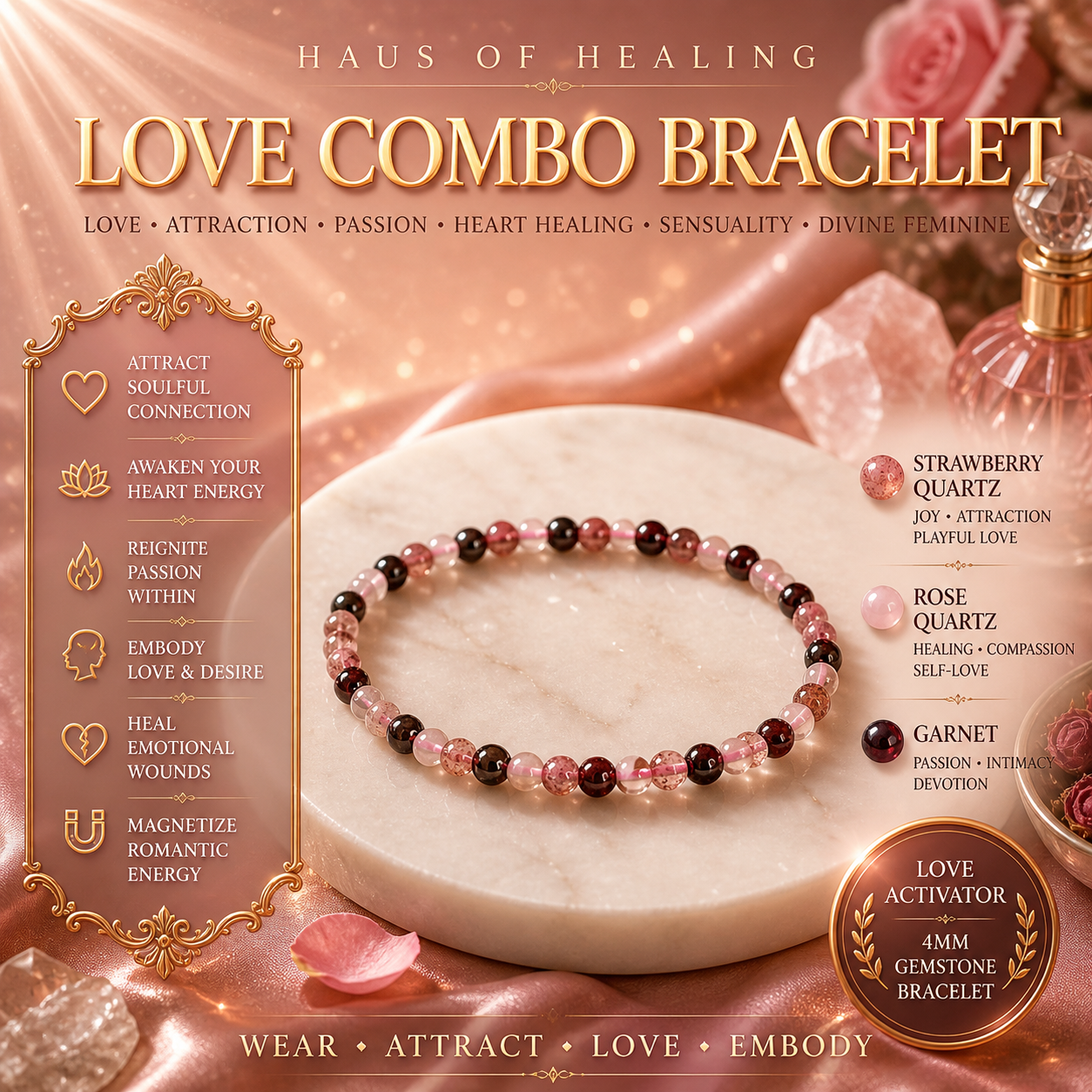 💖 Love Combo Bracelet – Strawberry Quartz, Garnet & Rose Quartz (4mm)