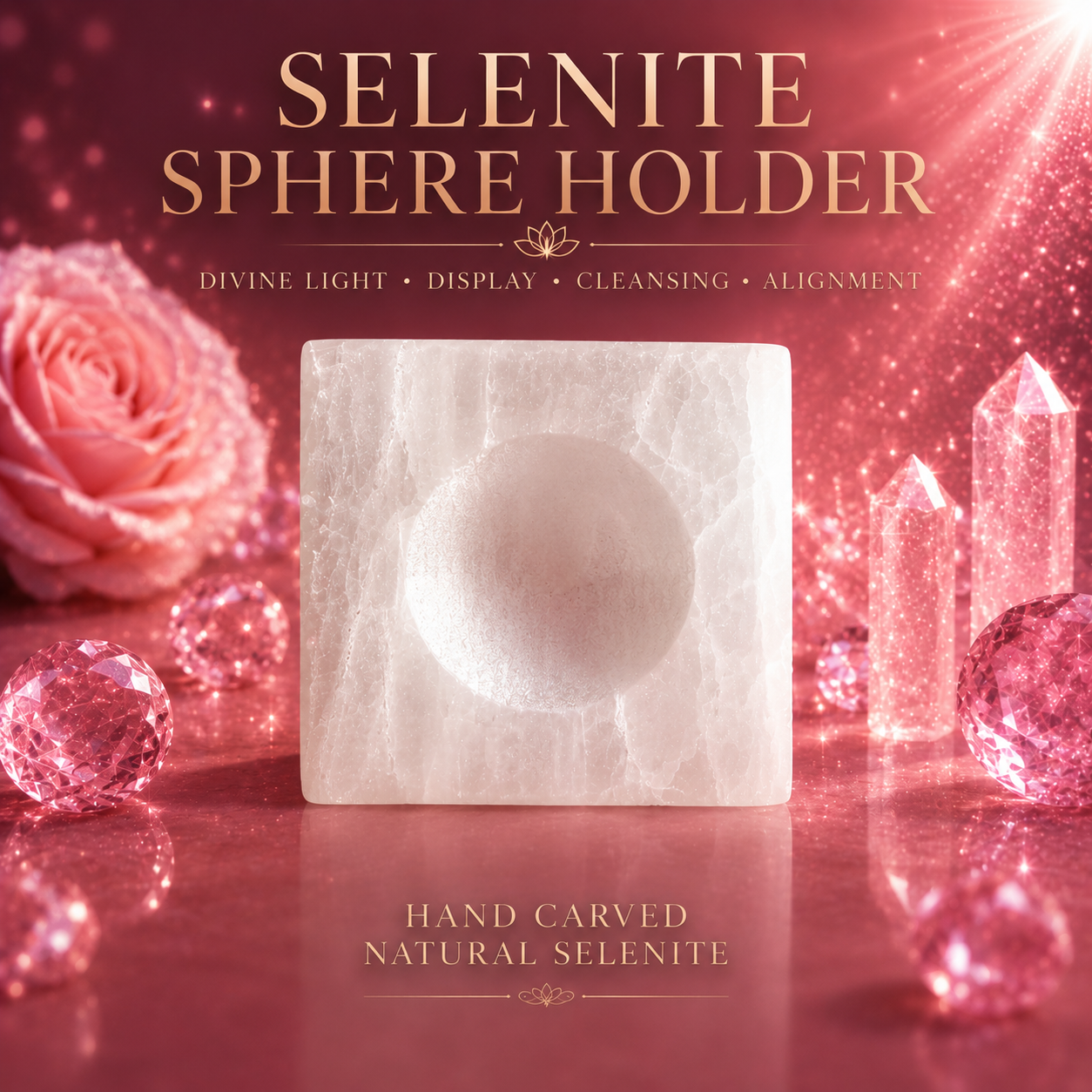 🤍 SELENITE PRESTIGE Square Sphere Holder – Medium